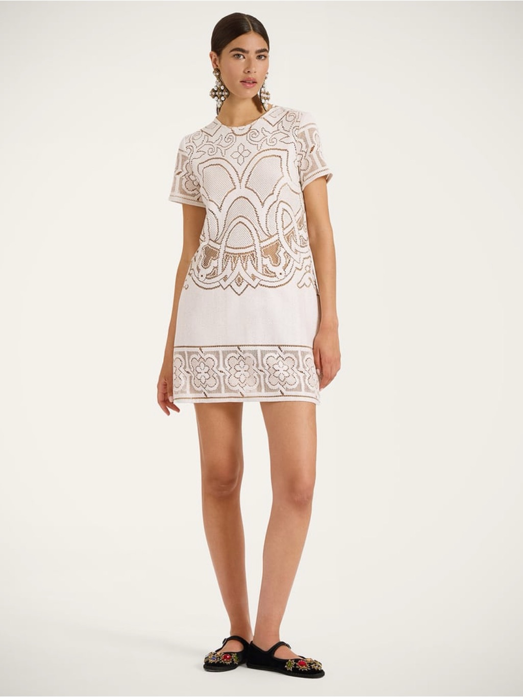 La Doublej. Lacey Mini Swing Dress In Solid White Smoke In Embroidered Cotton Xs